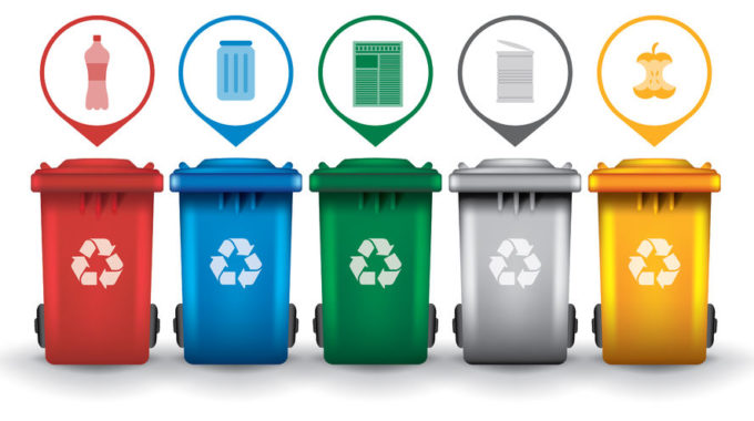 42061753 - Colorful Recycle Trash Bins With Garbage Icons, Vector Set